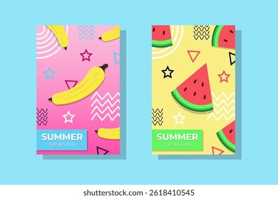 Summer party poster pattern set. Tropical banana and watermelon for travel banner, music cover, fashion print. 