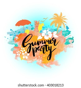 Summer party poster, placard, card, flyer, invitation template.  creative background with palm, flowers. pineapple, cocktail. 