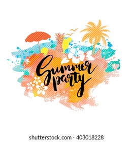 Summer party poster, placard, card, flyer, invitation template.  creative background with palm, flowers. pineapple, cocktail. 