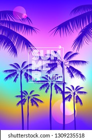 summer party poster placard design with palm trees silhouettes on sunset background