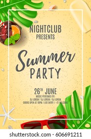 Summer party poster with place for text. Top view on seashells, sunglasses, fresh cocktail, ice cream on sea sand. Vector illustration. Invitation to nightclub.