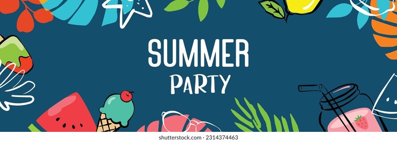 Afiche de la fiesta de verano con plantas y fondo de decoración de hojas.