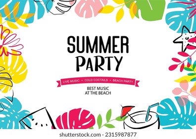 Afiche de la fiesta de verano con plantas y fondo de decoración de hojas.