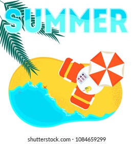 Summer party poster. Relax on a tropical sandy beach on a deckchair under an umbrella. Blue sea or ocean, starfish in the surf foam.