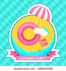 Summer party poster. Relax on a tropical sandy beach on a deckchair under an umbrella. Blue sea or ocean, starfish in the surf foam.