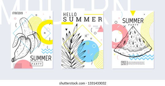 Summer party poster set, geometric memphis style. Cool trendy flyer with type quote. Tropical elements for travel banner, music cover, fashion print. Leaf vector illustration, blue, pink background