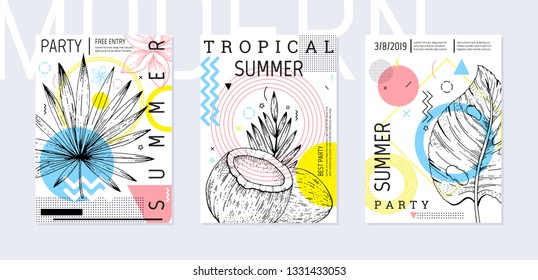 Summer party poster set, geometric memphis style. Cool trendy flyer with type quote. Tropical elements for travel banner, music cover, fashion print. Leaf vector illustration, blue, pink background