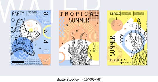 Summer party poster set, geometric memphis style. Cool trendy flyer with type quote. Sea ocean elements for travel banner, music cover, fashion print. Weed vector illustration, coral, blue background