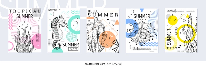 Summer party poster set in geometric 80th memphis style. Cool trendy flyers with type quote and Sea ocean element. For travel banner, music cover, fashion print. Vintage Vector illustration background