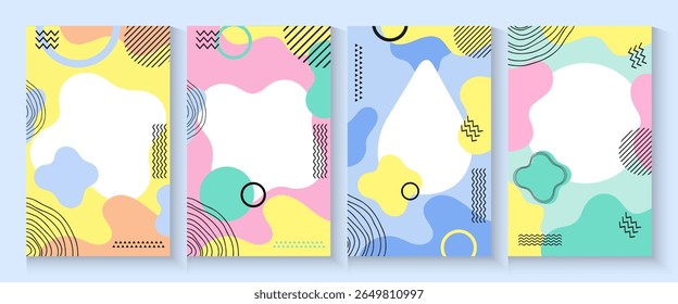 Summer party poster set, geometric memphis style. Hello summer  banner, cards, flayer with hand lettering Deformed fluid uneven organic seamless lines vector funky groovy maze backgrounds