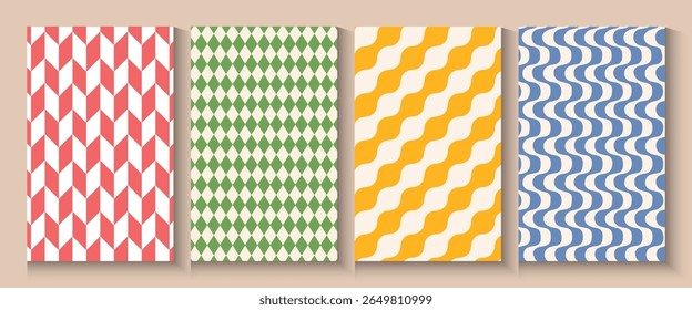 Summer party poster set, geometric memphis style. Hello summer  banner, cards, flayer with hand lettering Deformed fluid uneven organic seamless lines vector funky groovy maze backgrounds