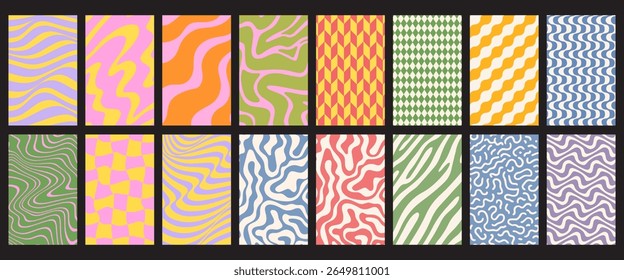 Summer party poster set, geometric memphis style. Hello summer  banner, cards, flayer with hand lettering Deformed fluid uneven organic seamless lines vector funky groovy maze backgrounds