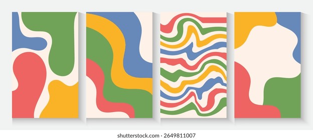 Summer party poster set, geometric memphis style. Hello summer  banner, cards, flayer with hand lettering Deformed fluid uneven organic seamless lines vector funky groovy maze backgrounds