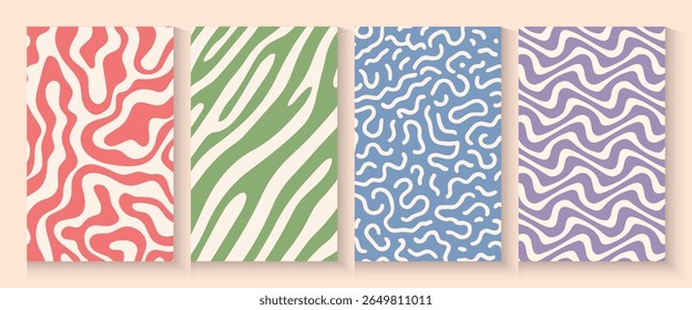 Summer party poster set, geometric memphis style. Hello summer  banner, cards, flayer with hand lettering Deformed fluid uneven organic seamless lines vector funky groovy maze backgrounds