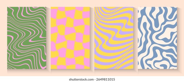 Summer party poster set, geometric memphis style. Hello summer  banner, cards, flayer with hand lettering Deformed fluid uneven organic seamless lines vector funky groovy maze backgrounds