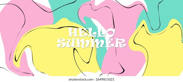 Summer party poster set, geometric memphis style. Hello summer  banner, cards, flayer with hand lettering Deformed fluid uneven organic seamless lines vector funky groovy maze backgrounds