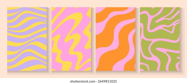 Summer party poster set, geometric memphis style. Hello summer  banner, cards, flayer with hand lettering Deformed fluid uneven organic seamless lines vector funky groovy maze backgrounds