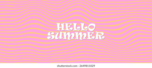 Summer party poster set, geometric memphis style. Hello summer  banner, cards, flayer with hand lettering Deformed fluid uneven organic seamless lines vector funky groovy maze backgrounds