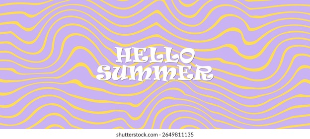 Summer party poster set, geometric memphis style. Hello summer banner, cards, flayer with hand lettering Deformed fluid uneven organic seamless lines vector funky groovy maze backgrounds