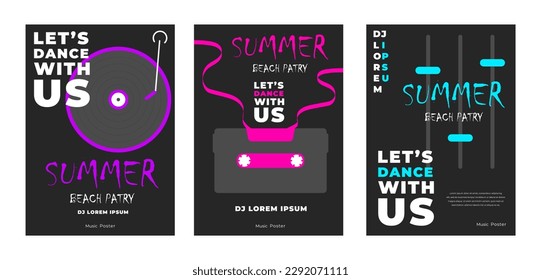 Summer party poster set. Let's dance with us. Vector Summer Beach Party Flyer Design with typographic elements on wood texture background. Vector illustration