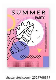 Summer party poster. Sketch of seashell. Travel and tourism, holiday and vacation. Invitational postcard template. Social media cover. Linear vector illustration isolated on white background
