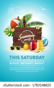 Summer party poster with smoothie or juice glasses. Beach party flyer with vintage board sign, mason jars with lemonade, mango, pineapple, palm tree leaves, umbrella, sunglasses and other elements.