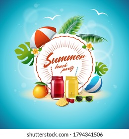 Summer party poster with smoothie or juice mason jars. Beach party banner with vintage round sign, glasses with lemonade, mango, pineapple, cherry, palm tree leaves, umbrella, sunglasses