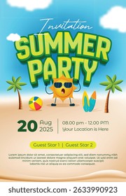Summer party poster with sun character