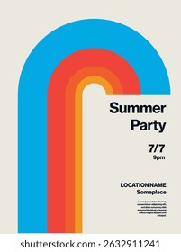 Summer Party Poster Template with Blue Orange Red Stripes. Editable EPS10 Vector. Minimal Design.