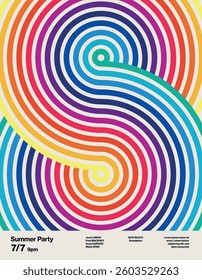 Summer Party Poster Template with Concentric Circles. Event flyer, leaflet, banner. Editable, printable eps10 vector. Minimal design illustration.