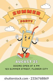 Plantilla de afiche de la fiesta de verano. Caricatura de limonada en estilo groovy y2k. Ilustración del vector