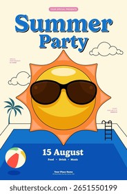 Plano de fundo do projeto do modelo do cartaz da festa de verão. Sol usando óculos de sol acima da piscina. Pode ser usado para convite, brochura, impressão, banner, folheto, folheto, anúncio, ilustração vetorial