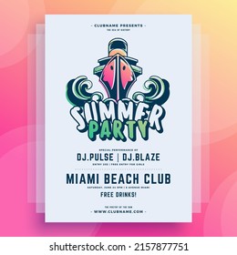 Summer party poster template floating ship sea waves contoured decorative design vector illustration. Disco social event entertainment music sound festival colored placard with place for text