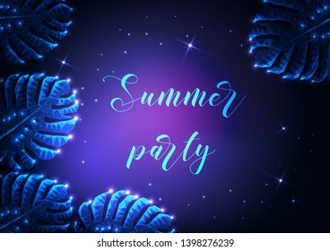 Summer party poster template with glowing  low polygonal monstera tropical leaves, stars and text on dark blue to purple gradient background. Futuristic wireframe design vector illustration.