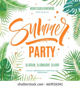 Summer party poster template. Hand written lettering with exotic palm leaves and plants background. Brush painted letters, modern calligraphy, vector illustration.