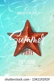 Summer party poster template. Holiday background with realistic starfish on beach in sea water. Vector illustration with invitation to nightclub.