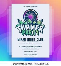 Summer party poster template with psychedelic orange slice and tropical leaves design vector illustration. Promo disco invitation bright seasonal social event abstract neon background gradient mockup