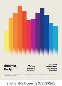 Summer Party Poster Template with rainbow Gradient Stripes. Event flyer, leaflet, banner. Editable, printable eps10 vector. Minimal illustration.