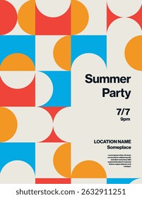 Summer Party Poster Template with Retro Geometric Pattern. Editable EPS10 Vector. Minimal Design.