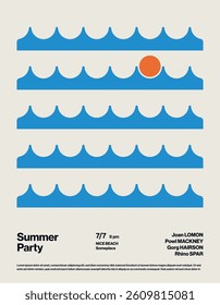Summer Party Poster Template with Sun and Waves. Minimal design abstract eps10 illustration. Printable file.