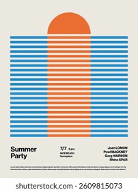 Summer Party Poster Template with Sunset and Sea Stripes. Minimal design abstract eps10 illustration. Printable file.