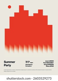 Summer Party Poster Template with Urban Skyline for Clubbing. Event flyer, leaflet, banner. Editable, printable eps10 vector. Minimal design illustration.