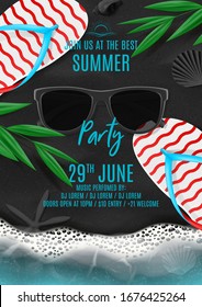 Summer party poster template. Vector illustration with top view on ocean scene with flip flops, sea waves, tropical leaves, sunglasses on black volcanic sand. Invitation to nightclub.