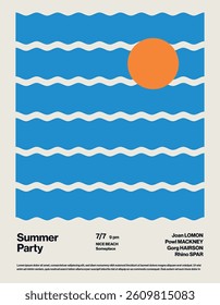 Summer Party Poster Template with Wavy Pattern and Sun. Minimal design abstract eps10 illustration. Printable File