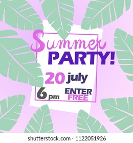 Summer Party poster with text. Beach Party Flyer. Disco party background. Template for flyer, invitations, banners. Vector Illustration
