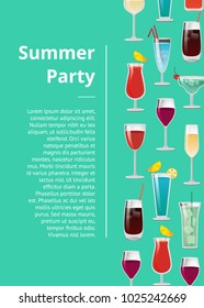 Summer party poster with text and set of tropical cocktails mojito, margarita and blue lagoon, bloody mary, vodka cola, red and white wine champagne