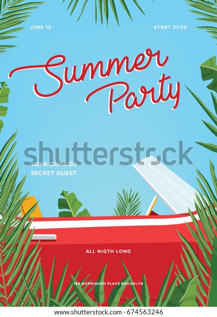 Summer\
party poster. Trendy vertical placard with classic retro car, palm\
leaves and blue sky. Colorful vector\
illustration.