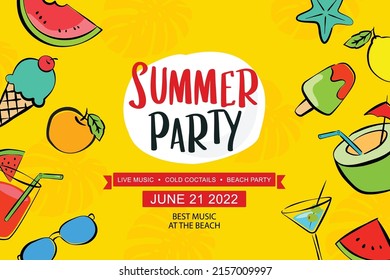 Summer party poster with summer tropical element background.