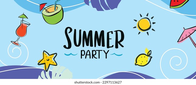Summer party poster with summer tropical element background.