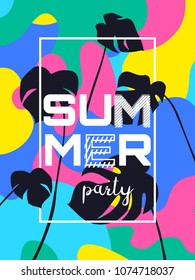 summer party poster with tropical leaves and colorful fluid shapes